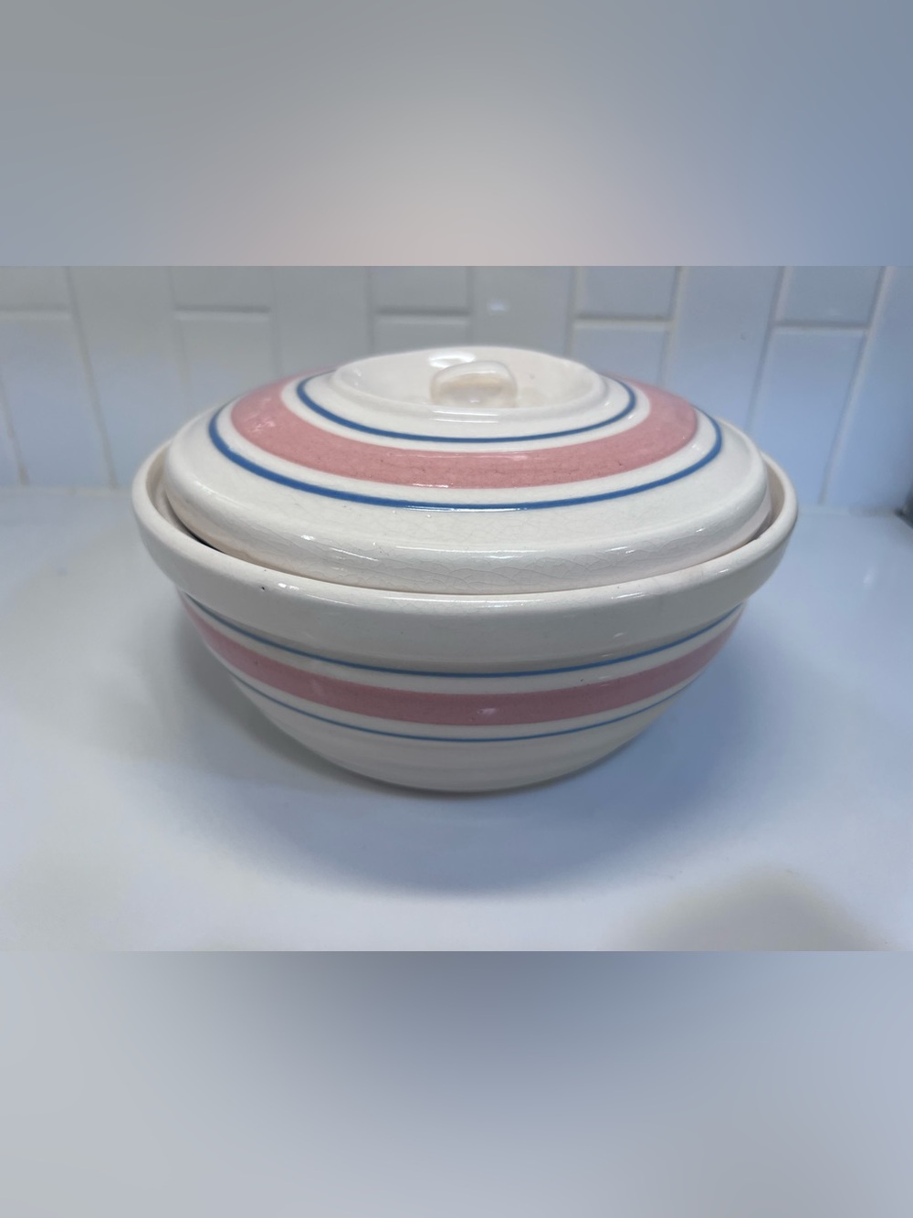McCoy Beehive Pink And Blue Striped Ceramic Casserole Dish with Lid
